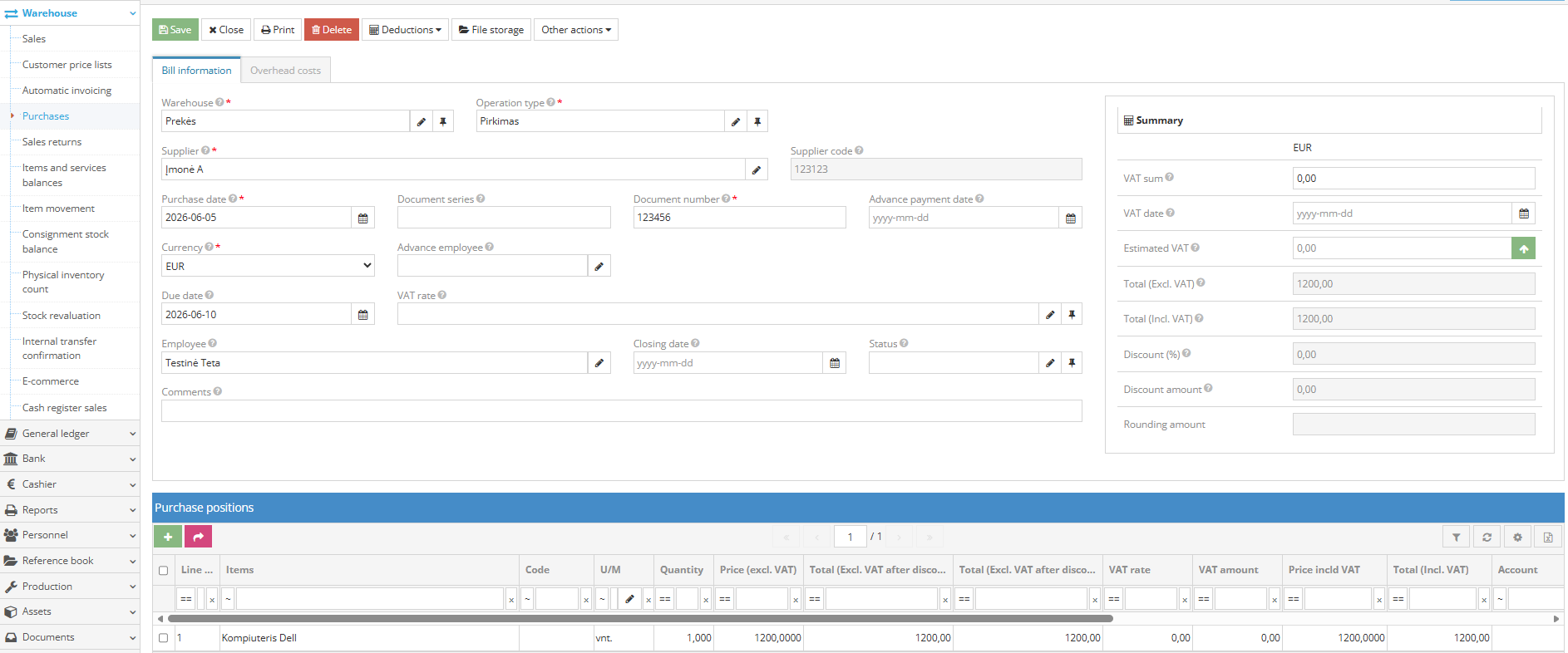 Fixed asset purchase document registration window